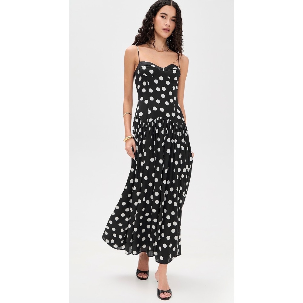 Few Moda Kourt Polka Dot Maxi Dress Black White Pleated Smocked Back S